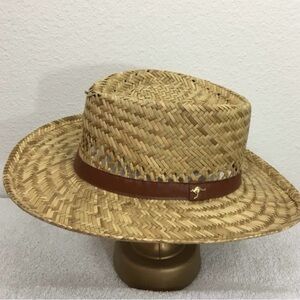 Vintage Women’s DP Outdoors Tan Straw Faux Leather Trim Fedora Hat Size Medium